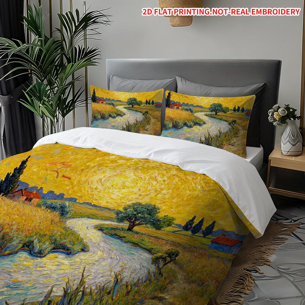 Pillowcase Quilt Cover Three-Piece Set, Oil Painting Golden Wheat Field Bedding, Skin-Friendly And Breathable, Machine Washable