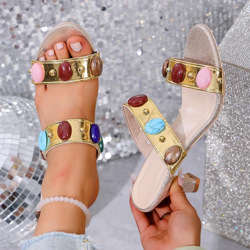 Fashion Fashion Gem One Strap Stiletto Slippers Summer New Round Toe Open Toe Anti-slip Wear-resistant High Heels