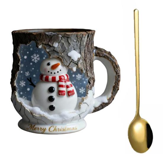 Festive Christmas Mug 3D Tree Bark Texture Themed Santa Reindeer Coffee Cup Resin Holiday Decor Novelty Gifts