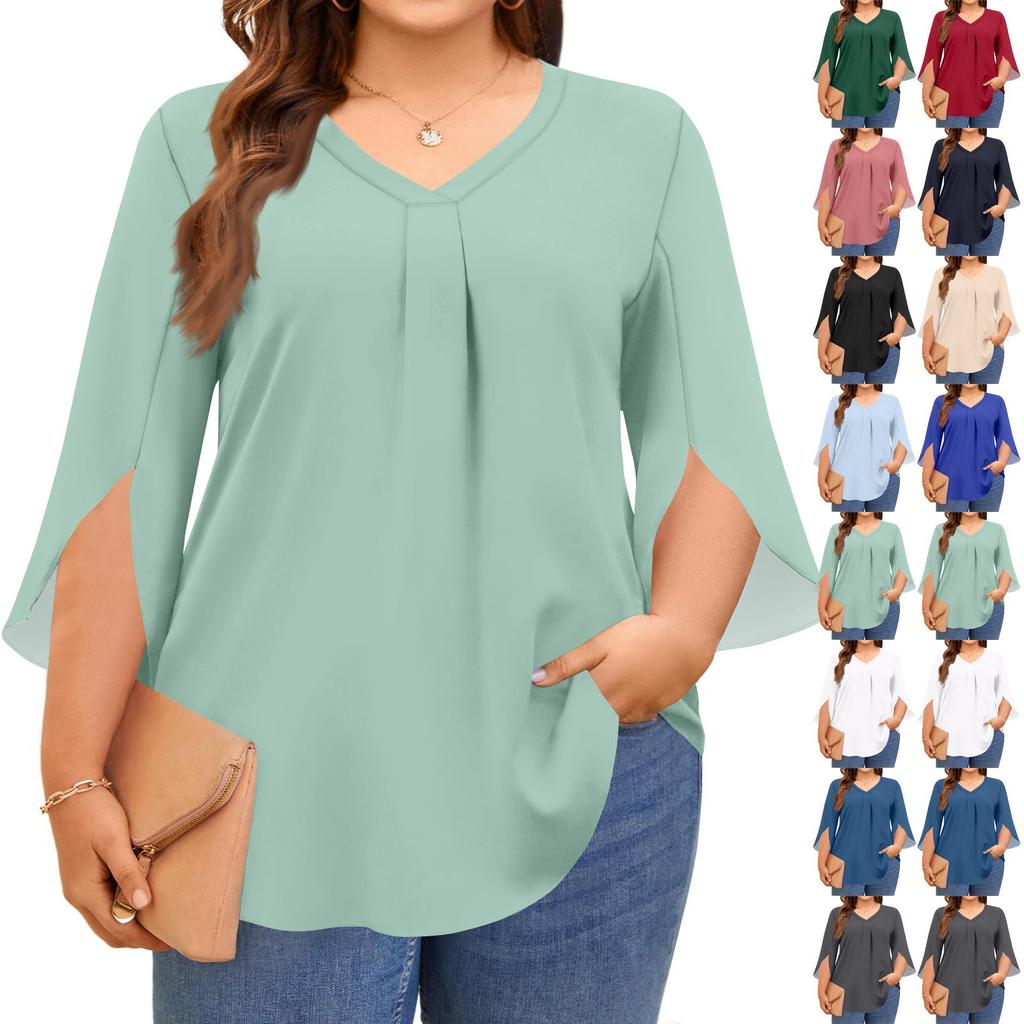 Women's Solid Color V-neck Plus Size Tops 3/4 Sleeves Elegant Shirt Tops