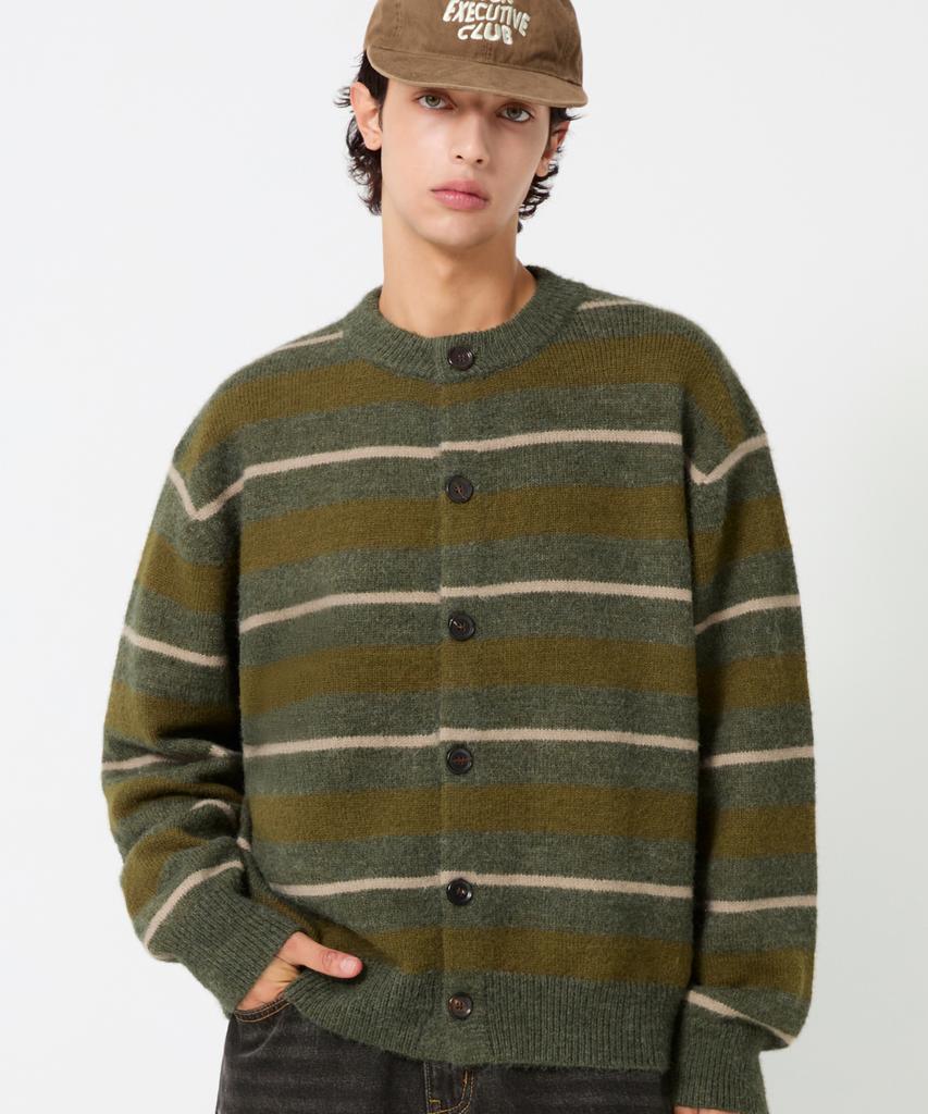 TRILLION Washable Hairy Striped Button Cardigan Knit_Khaki