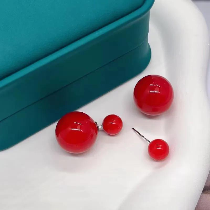 Red Color Big Imitation Pearl Stud Earrings for Women 8mm 14mm Simple Round Ball Brincos Jewelry Friend Christmas Girl Gift