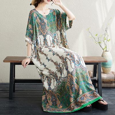 Dimanaf Übergröße Damen Böhmisches Sommer Langes Basic Oversize O-Ausschnitt Lässiges Kurzarm Strandkleid