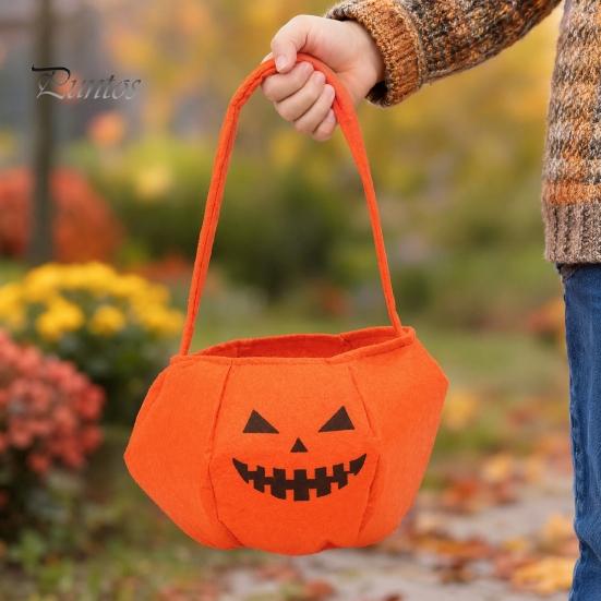 Candy Holder for Kids Halloween Pumpkin Bag Kids, Small Trick or Treat Bucket, Reusable Soft Face Basket with Handle Party Decoration