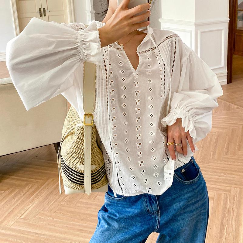 

Женская осенняя белая хлопковая рубашка с длинным рукавом и французским дизайном Large белый