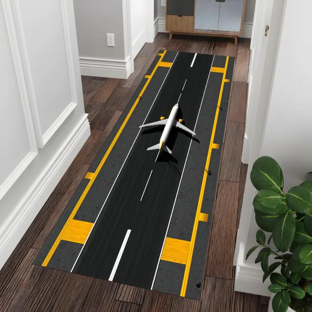 Airplane Runway Runner Rug Glow-Inspired Airport Hallway Carpet for Kids Pilot Gift Aviation Themed Modern Floor Mat Bedroom