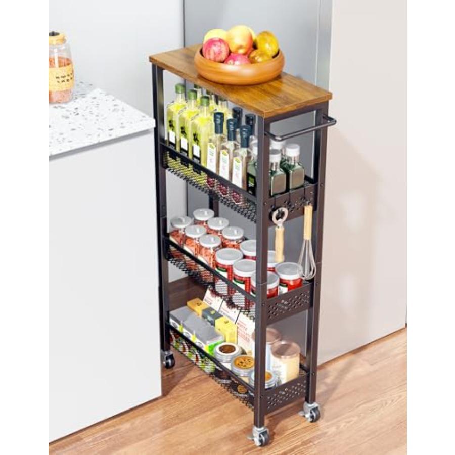 

4-Tier Utility Slim Rolling Storage Cart with Wood Top and Metal Frame for Kitchen Laundry Room Bathroom Narrow Space Organizer United States