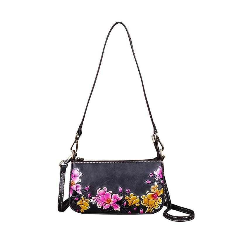 Сумки через плечо с тиснением цветов, натуральная кожа, сумка через плечо для женщин, женская модная сумка на молнии GZW 22cm*12cm*7cm чёрный