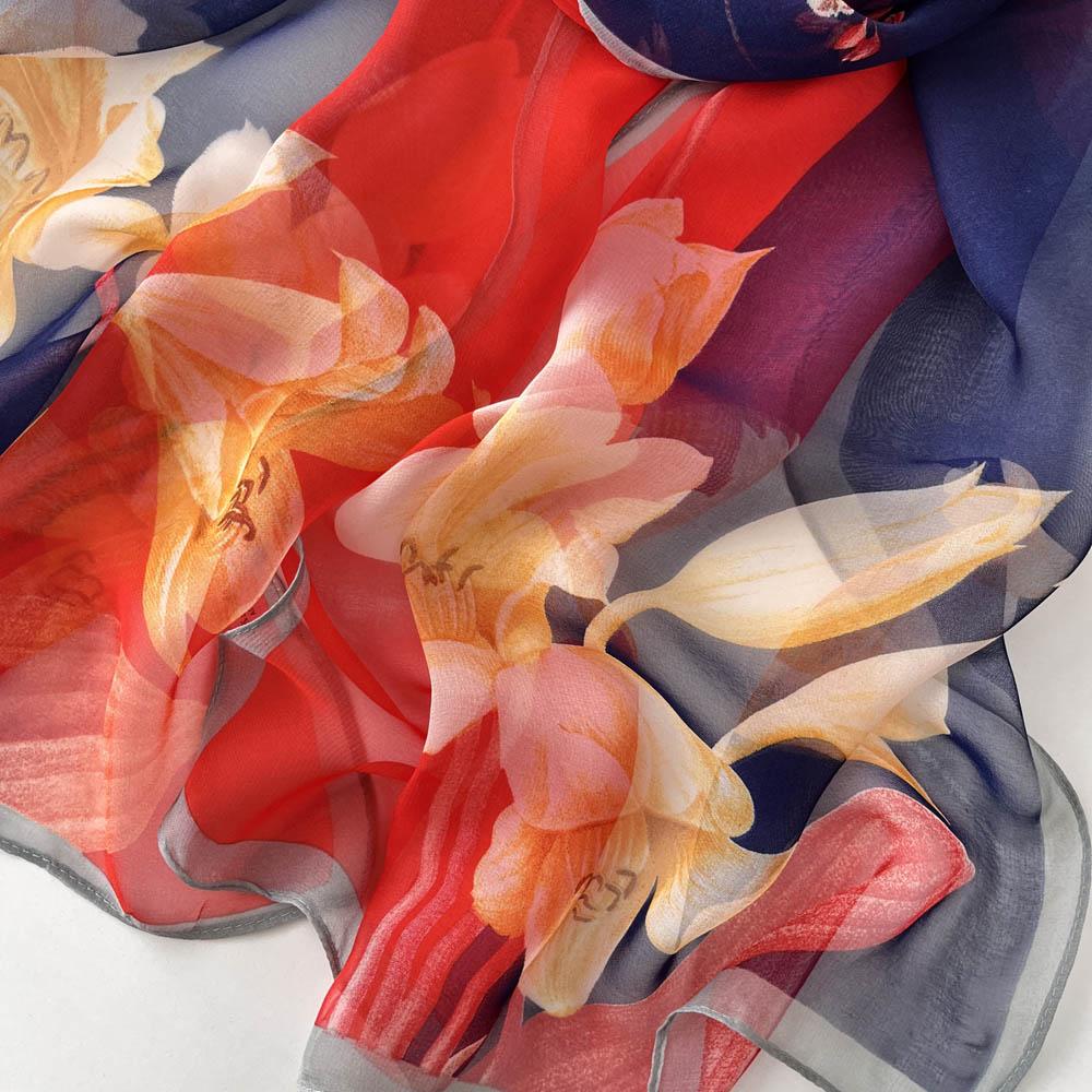 Gradient Lily Print Pretty Women Elegant Chiffon Georgette Bandana Scarf Summer Beach Sunscreen Thin Shawl