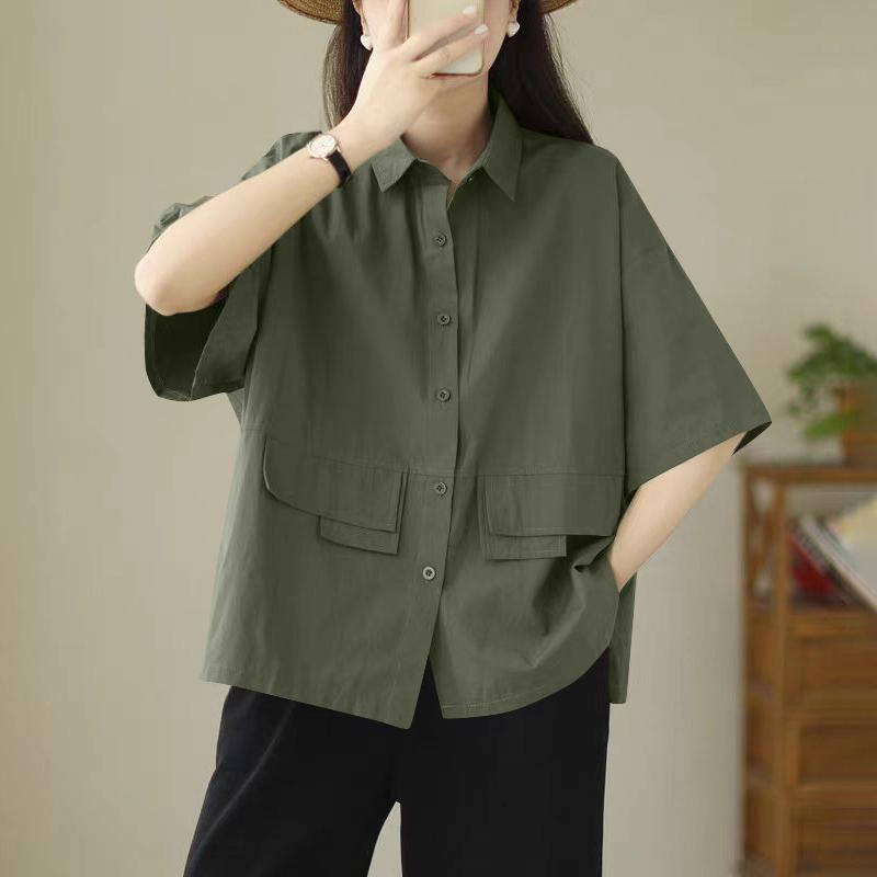 

ZANZEA Женская повседневная летняя свободная блузка с отложным воротником и коротким рукавом L темно-зеленого