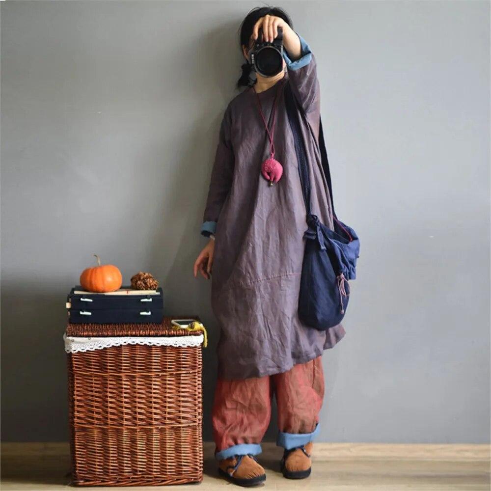 Johnature Two-color Drawstring Buckle Large Literary Handmade Embroidery Thread Cross-shoulder Casual Hand-made Women Buckets