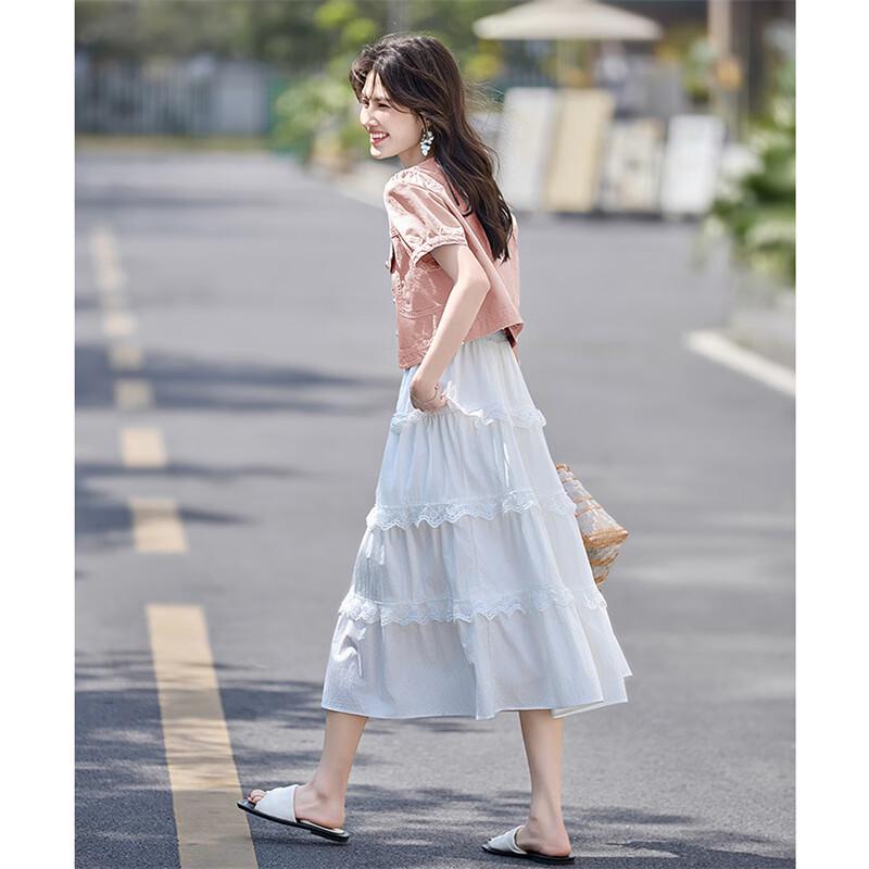 Women's Lace-Spliced Denim Top & Midi Dress Set