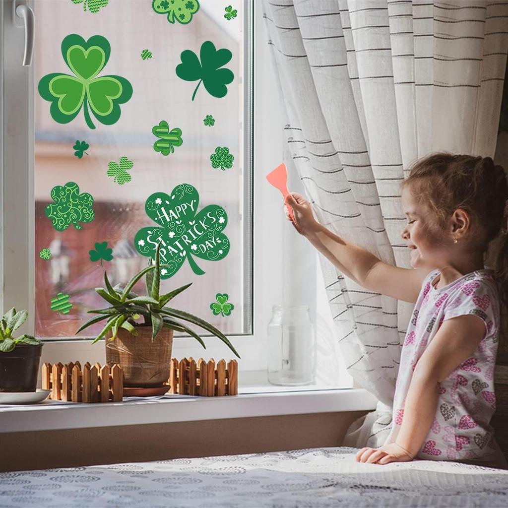 St Patricks Day Window Clings, 108 PCS Reble Shamrock Decal Stickers Static Spring Decorations for Office School Home