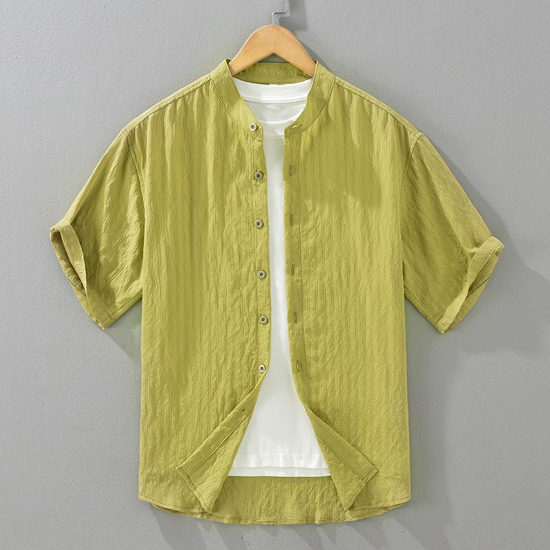 Foreign Trade Surplus Japanese-Style Casual Comfortable Thin Short-Sleeve Shirt for Men, Loose Trendy Chinese Style Stand Collar White Shirt