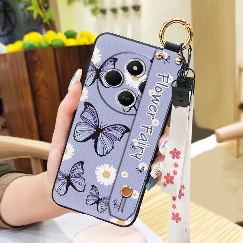 Silicone Soft case Phone Case For Redmi A4 5G Wrist Strap Ring Kickstand Flower Anti-dust Lanyard Phone Holder Durable