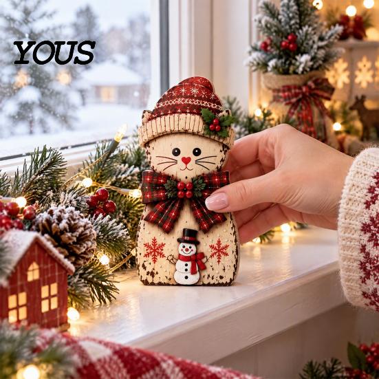 Christmas Cat Ornaments 3Pcs Wooden Tabletop Decor, Rustic 2D Figurines with Xmas Indoor Winter Home Decorations Hat, Santa & Gingerbread Patterns for