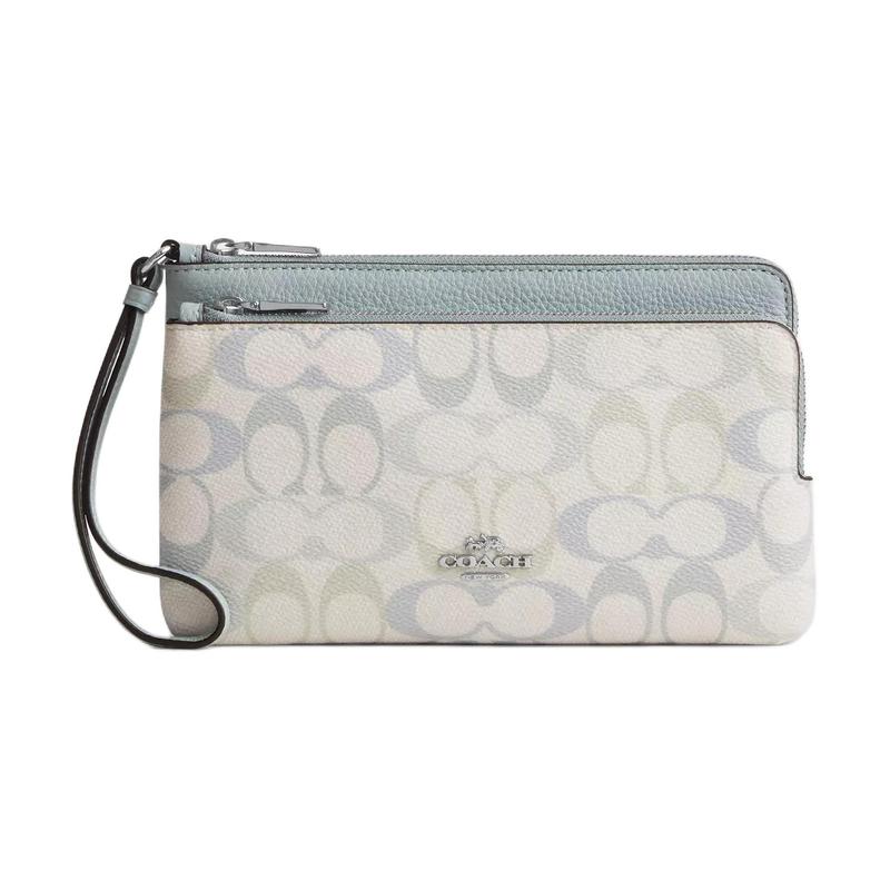 COACH Double Zip Wallet 20 Signature Print Coated Canvas and Pebbled Leather Wallet Women s Silver silver серебряный