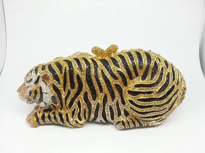 

Boutique De FGG (in stock) Women Gold Tiger Clutch Minaudiere Evening Bags Diamond Wedding Handbag Bridal Purse Party Dinner Bag Mini 18 X 6 X 8CM