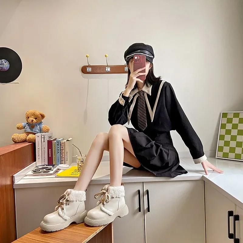 Booties Ribbons Bow Cute Ankle Ladies Snow Boots Elegant with Medium Heels Female Shoes Kawaii Round Toe Demi-season Y2k Fashion