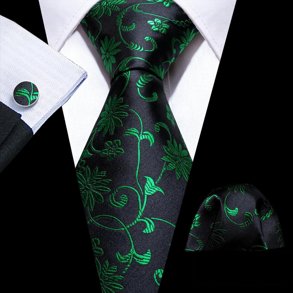 Barry.Wang Necktie Hankerchief Cufflinks Set Black Paisley Jacquard Woven Wedding