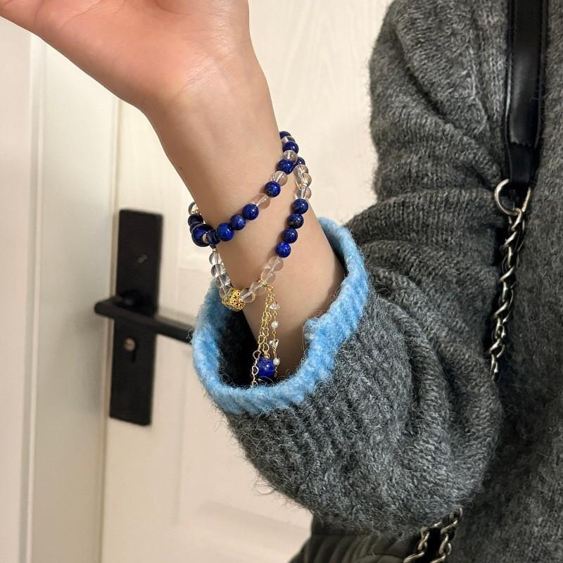 New Chinese Style Vintage Natural Lapis Lazuli Clear Quartz Double Circle Bracelet Womens High-end Jewelry