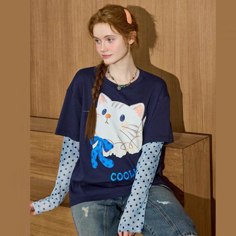 COOLHUT Women's Cute Cat Print Long-Sleeve Faux-Layered T-Shirt