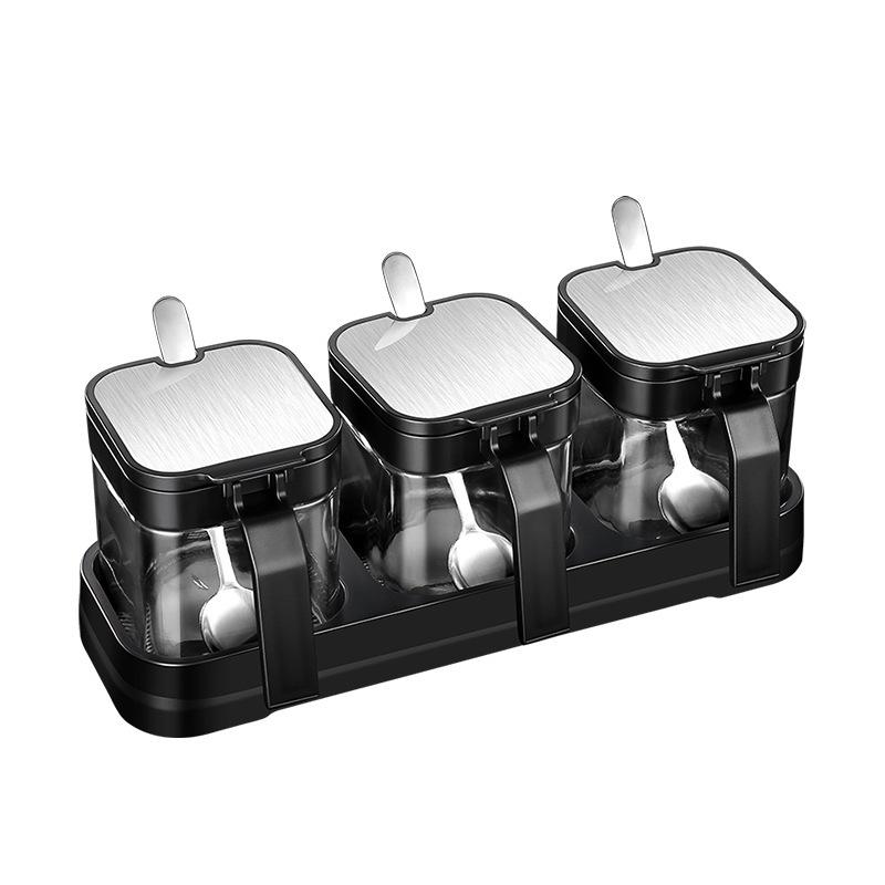 3pcs Seasoning Box Set Glass Spice Container Jar Set Kitchen Sealed Salt Shaker with Lid with Spoon with Tray Seasoning Bottle