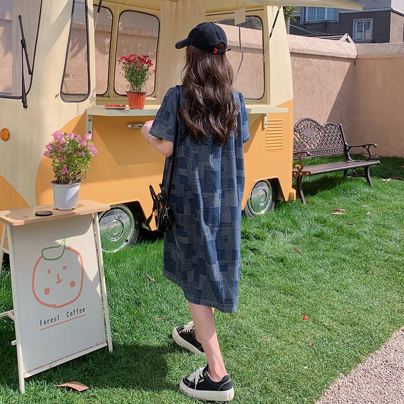 Women's Summer Short-Sleeve Denim Dress: Loose, Slimming, Belly-Covering, Medium-Length Shirt Style