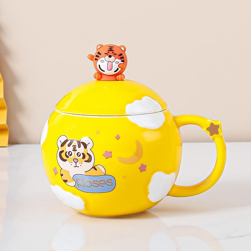 Year of the Tiger Mug with Lid Creative Large Capacity Ceramic Cup Couple Pair Cup Cute Cartoon Coffee Mug for Home Use