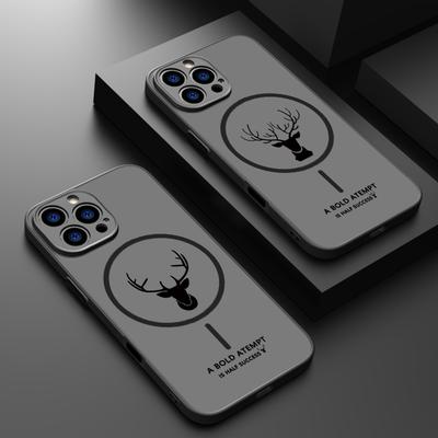 For iPhone 16 15 Pro Max 14 13 12 11 Phone Case Deer Print for Magsafe Matte Clear Soft Edge Shockproof Wireless Charge Magnetic Hard PC Back Cover