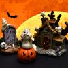 Halloweenská pryskyřičná ozdoba Strašidelný strašidelný dům Hrob Strom Démon Kořen Náhrobní kámen Socha s LED světlem Kreslená dýně Duch Figurka Ozdoba