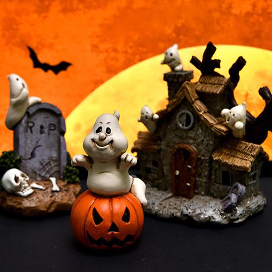 Halloweenská pryskyřičná ozdoba Strašidelný strašidelný dům Hrob Strom Démon Kořen Náhrobní kámen Socha s LED světlem Kreslená dýně Duch Figurka Ozdoba