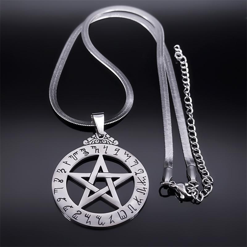 Witch Pentagram Necklace for Women Men Stainless Steel Silver Color Wicca Pagan Star Pentacle Alphabet Necklace Jewelry Bijoux