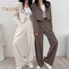 2 Teile/satz Frauen Mantel Hosen Set Revers Einreihige Strickjacke Langarm Jacke Breites Bein Hohe Taille Gerade Hose Dame Formale Pendler Outfit