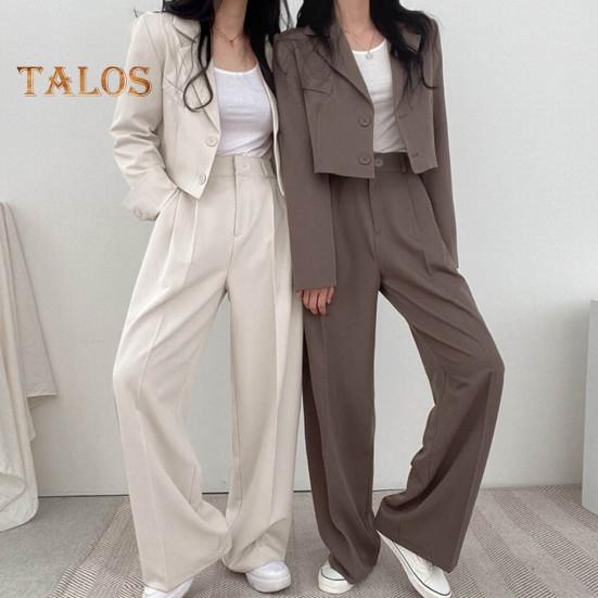 2 Teile/satz Frauen Mantel Hosen Set Revers Einreihige Strickjacke Langarm Jacke Breites Bein Hohe Taille Gerade Hose Dame Formale Pendler Outfit