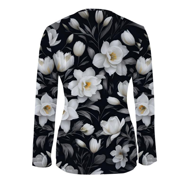 Women's Magnolia Print Zipper Top, Casual and Comfortable Long-sleeved Top, Women's Clothing Without Accessories No Accessories Included