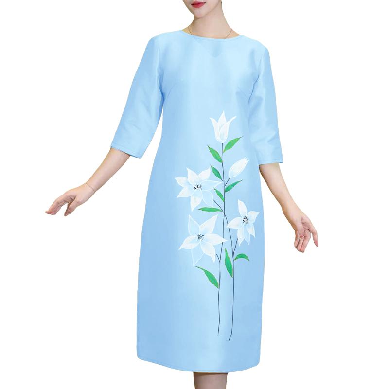 ZANZEA Women Casual Round Neck 3/4 Sleeve Loose Summer Print Dress