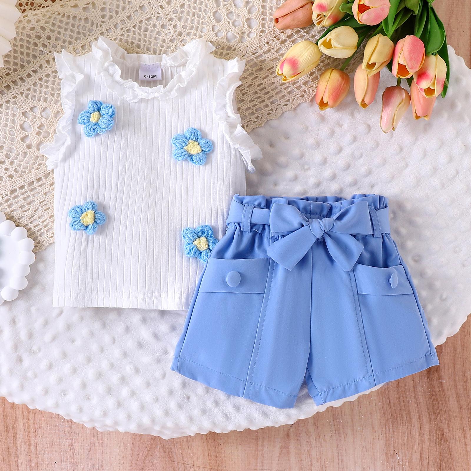 

Повседневный костюм для девочек, летний детский модный комплект из милого цветочного топа без рукавов и однотонных шорт 2-3Y