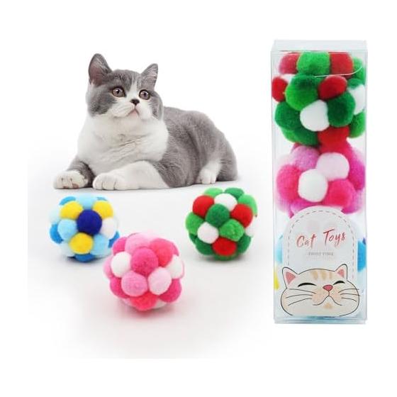 KKLM Cat Pom Pom Ball, Pet Toy, Cat Pom Pom Ball, Set of 3, Includes Bell, Exercise Toy, Color Ball, Green/Blue/Pink, Invites play with clear sound,