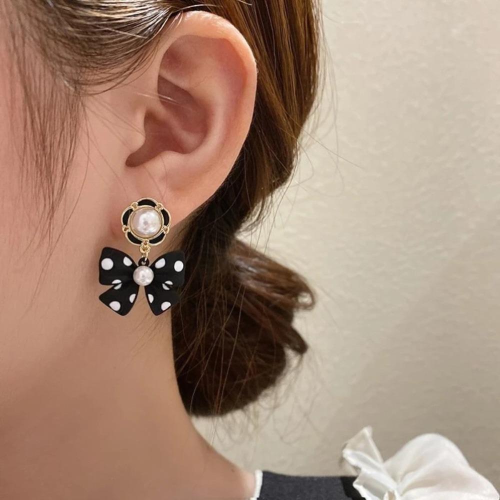 Cute Pearl Bowknot Colorful Polka Dots Bowknot Drop Pendant Earrings for Women Girls Party Dating Wedding Jewelry Accessories