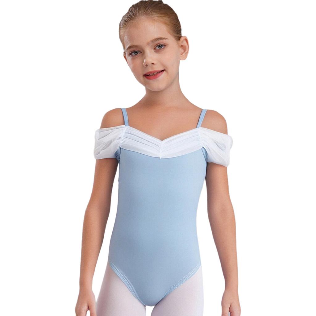 Girls Ballet Gymnastics Performance Leotard Butterfly Back Design Ruched Mesh Collar Spaghetti Straps Dancewear