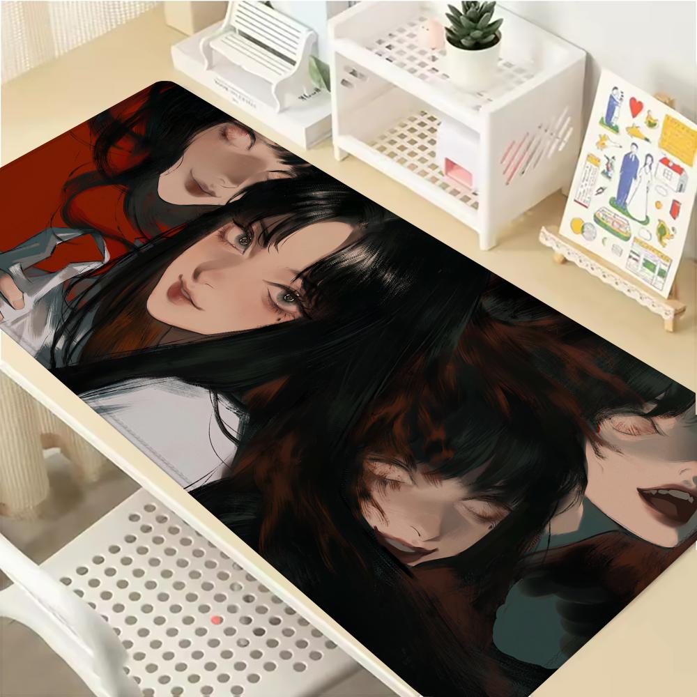 Gaming Mouse Pad with Antislip Base and Stitched EdgesBlack White Horror Manga Girl Print Desk Mat for PC Laptop Gaming