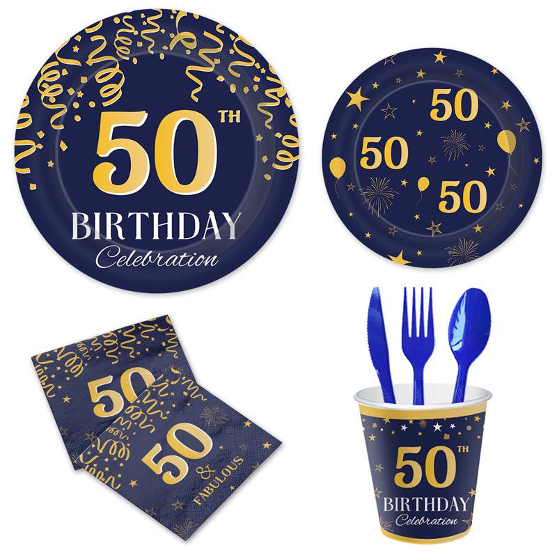 50Th Birthday Party Tableware Ink Blue Disposable Paper Plates Paper Cups Tissue Tablecloths Party Birthday Decorations