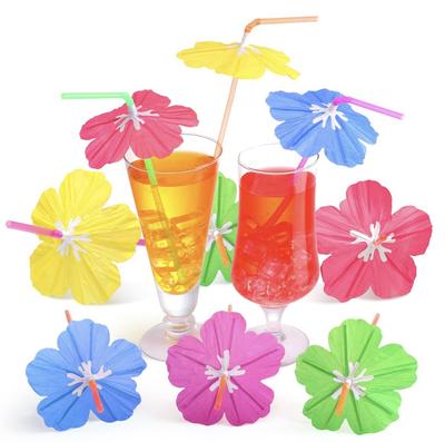 100 peças/conjunto, canudo guarda-chuva de hibisco, longo, elástico, guarda-chuva de coquetel, canudo de plástico, havaiano, decoração de festa na praia, cor mista, cor aleatória