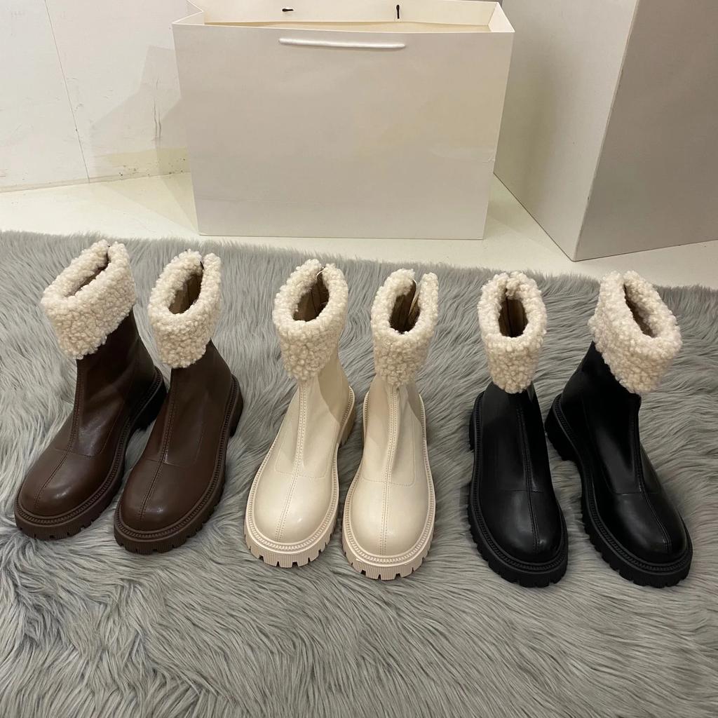 Fashion Women Winter New Soft Leather Knee Boots Ladies Fashion Outdoor Thick Soled Black Long Round Toe Knee-high Knight Boots Footwear