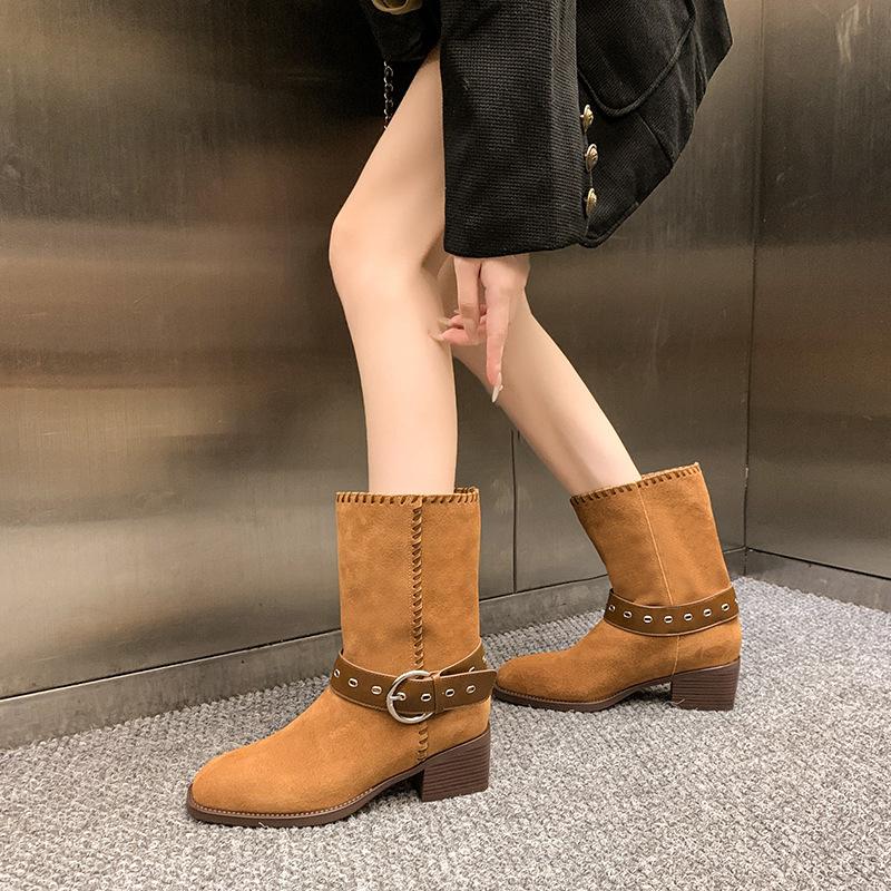 Soft Leather~ Retro British Boots New Belt Buckle Western Cowboy Boots Brown Thick Heel Martin Boots