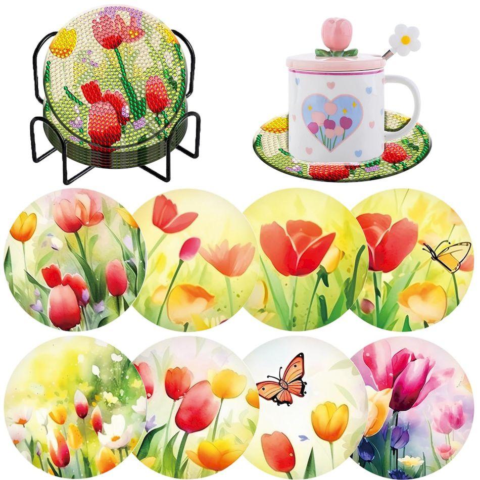 

8Pcs/Set DIY Diamond Painting Flower Round Coaster Drink Cup Pad Table Placemat Cushion Insulation Pad Handmade Art Home 10cmx10cm