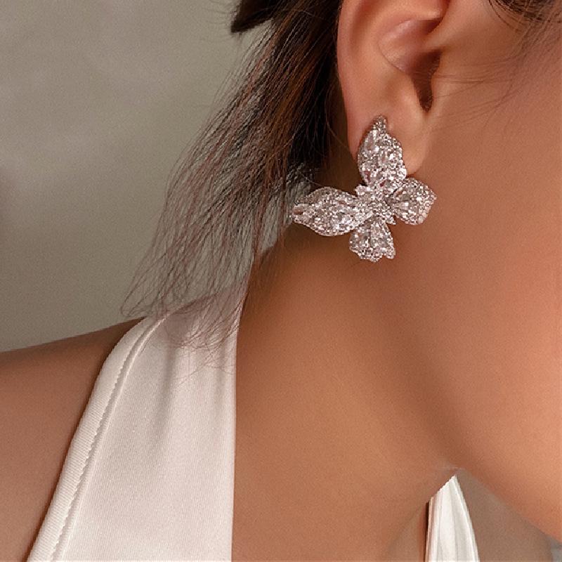 Luxurious Butterfly Diamond Crystal Stud Earrings - S925 Silver for Women, Brides & Banquets