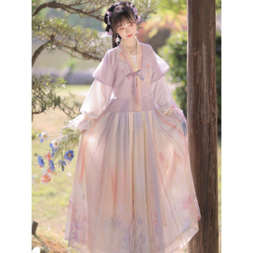 Bluzka damska Hanfu w stylu chińskiej dynastii Tang z okrągłym dekoltem i spódnicą do talii