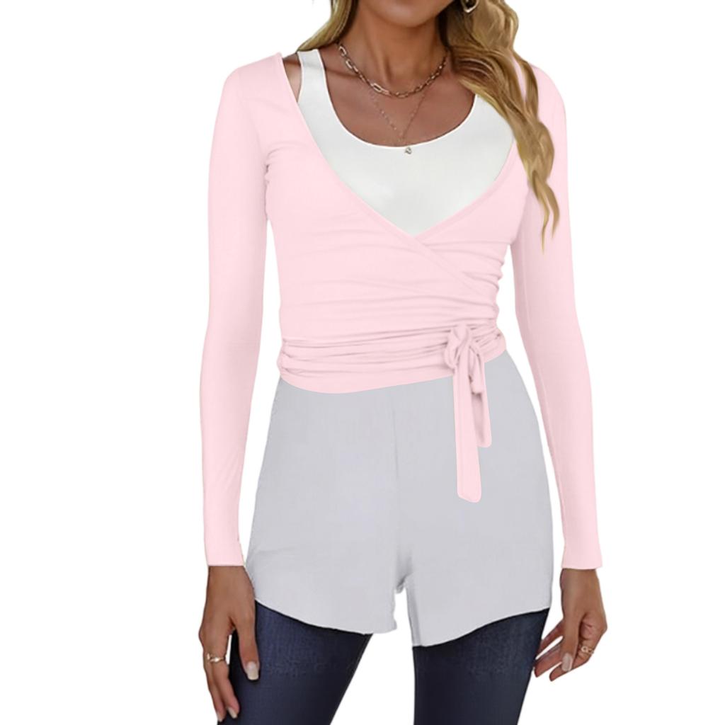 Women’s Long Sleeve Wrap Front Ballet Cardigan with Adjustable Waist Tie and Thumbhole Cuffs for Dance Yoga Layering